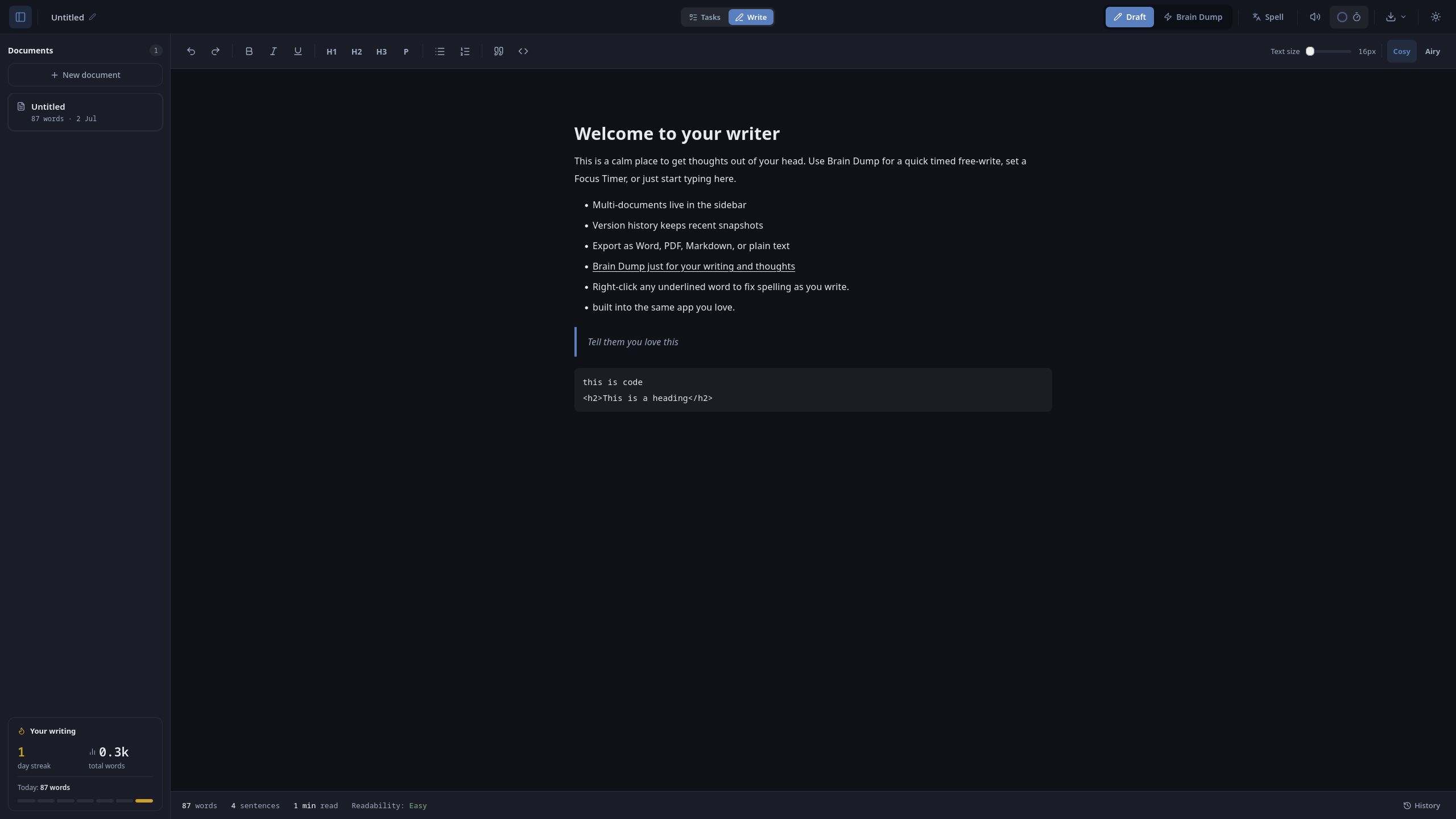 DoDoodle writer, dark mode