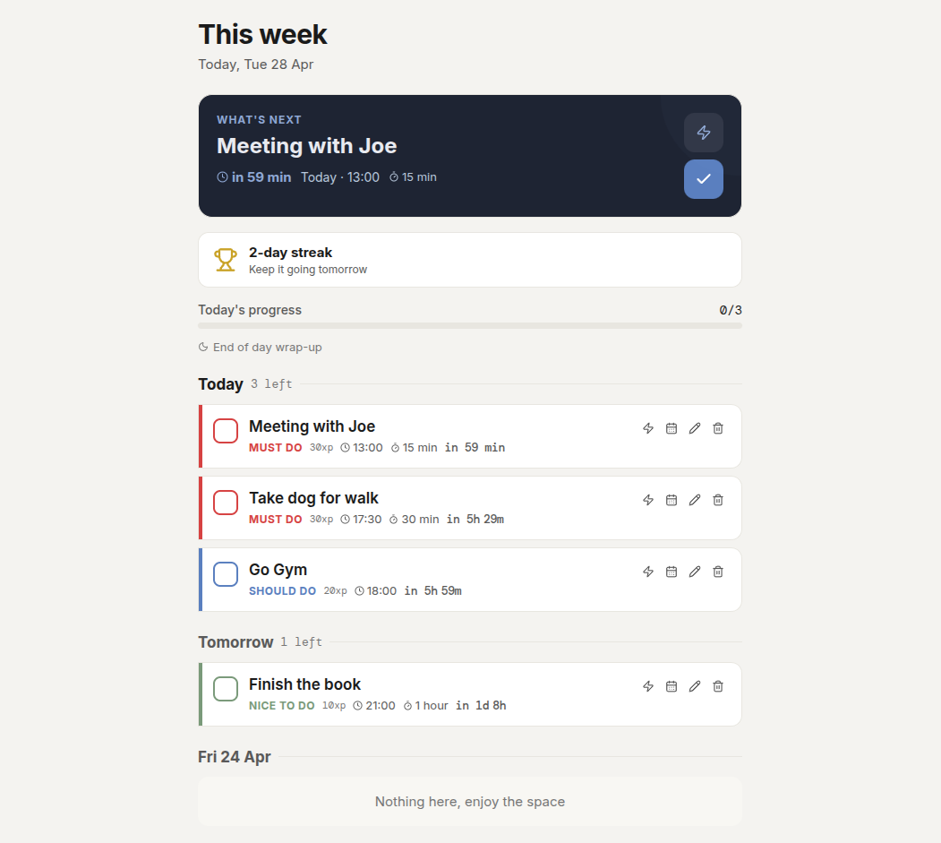 Pace your week, prevent burnout.